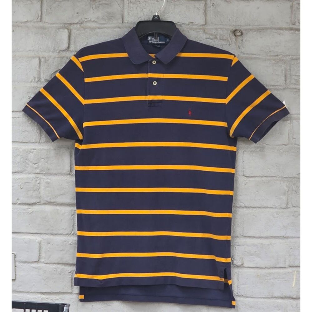 Polo Ralph Lauren Navy Blue Yellow Striped Cotton Polo Shirt Men's Size M